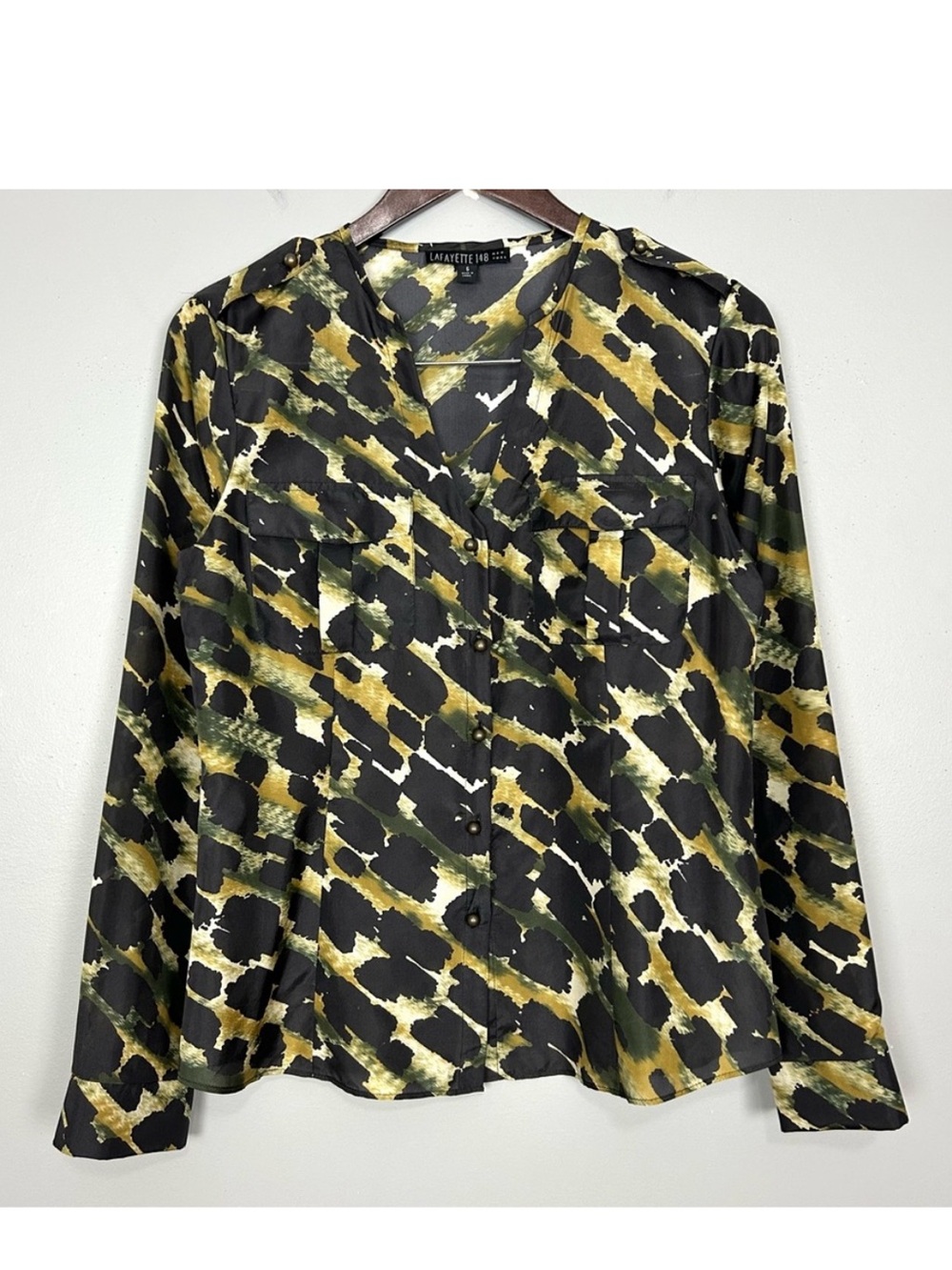 Lafayette 148 Silk Button Front Blouse Women’s Size 6 Animal Print Epaulettes